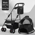 Foldable black pet stroller set with separate carrier basket and snack tray - With Tray + Storage Bag / Black (Separable)