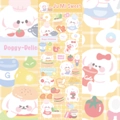 Detail of cute dog and fast food stickers with vibrant yellow and pink laser effects - Doggy Burger
