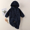 Dunkelblauer Plüsch-Baby-Einteiler mit Kapuze, Bärenohren und Frontreißverschluss - 59cm / Marineblau (Plüsch-Fußstil)