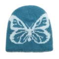 Close-up of soft blue plush beanie featuring a large white knitted butterfly pattern - M(54-60cm) / Dark Blue