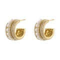 Elegant C-shaped gold hoop earrings with white pearls and sparkling zircon accents - VE1441 Gold