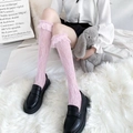 Rosa Lolita Kniestrümpfe mit zarten Spitzenmustern und eleganten Rüschenborten - Pink Spitze Kniestrumpf
