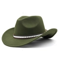 Detail eines dunkelgrünen Wollfilzhutes mit sternverziertem Metallic-Dekorband für Damen - Armeegrün