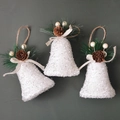 Set of 3 white glitter Christmas bells with pine cones and burlap bows for hanging - Glitter White 3-Piece Set