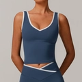 Women's deep blue yoga vest with white contrast trim and high waist leggings set - Navy Blue
