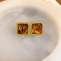 Close-up of vintage square stud earrings with amber resin and gold-plated textured frame - 25# Silver Earring Post-Gold-Brown-Vintage Square