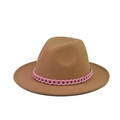 Detailed texture of khaki wool fedora featuring a vibrant pink chunky chain decoration - Adult 57-60cm / Khaki with Pink Chain
