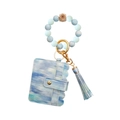 Blue marble PU leather card holder keychain with silicone bead wristlet and tassel - Sunflower Blue
