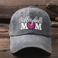 Washed dark gray baseball cap with Volleyball MOM embroidery and pink heart pattern - One Size / Gray
