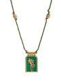 Green tarot heart pendant necklace with multicolored braided rope and gold beads - Flower Necklace