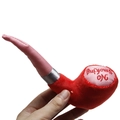 Detail view of a red pipe shaped plush toy featuring white No Smoking embroidery - Red Pipe