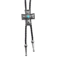 Western cowboy bolo tie featuring a silver cross pendant with turquoise stone inlay - Antique Silver Cross + Black Leather Rope Necklace
