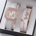 Rose gold square quartz watch and rose flower bracelet set in a gift box - White (Watch with Bracelet)