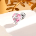 Pink heart-shaped zircon stud earring with a silver cross accent on a clean white base - Pink (A336-2)