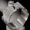 S925 zilveren open ring met ruwe textuur, vierkante paarse en ronde heldere edelstenen - Open Maat 14 (Verstelbaar 12-17) / Antiek Zilver