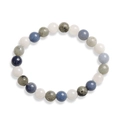 Détail des perles en pierre naturelle de 8mm en bleu et gris sur fond blanc pur - Aventurine Bleue + Pierre Blanche + Labradorite
