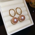 18k gold plated flower stud earrings with large champagne pearl drops in a jewelry box - Gold Champagne Large Pearl Dangle (66#)