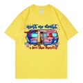 Yellow short sleeve t-shirt with American flag camping van print and patriotic text - Yellow