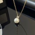 Elegant gold pearl pendant necklace featuring a round zircon and high-gloss white pearl - 11【h1024】zircon Pearl Necklace Gold