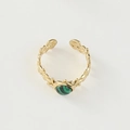 Gold-plated open ring with green malachite stone inlay and embossed textured band - Adjustable Open / Hollow Star Dark Green Stone