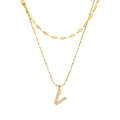 Double-layered golden stainless steel necklace featuring a crystal-studded V letter charm - Gold-V