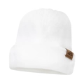 White winter knitted beanie hat for men and women with brown mountain leather patch - White