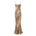 Elegantes braunes geblümtes Maxikleid mit Spaghettiträgern und Wasserfall-Ausschnitt - S / Champagner Blumenmuster