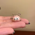Pink cartoon monster open ring with silver horns and large eyes for girls - Pink Monster Eye Ring