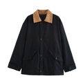 Navy blue casual jacket with contrast corduroy collar and large front pockets - S / Black
