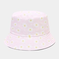 Close-up of pink bucket hat with white daisy floral pattern and fine cotton stitching - Light Pink Daisy Style