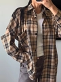 Oversized retro plaid shirt with long sleeves and distressed cuff details in brown - S / Khaki