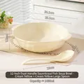 Creamy yellow 12-inch ceramic soup bowl with handles and matching spoon set, 2450ml - 12 Inch Soup Bowl + Large Spoon - Creamy Yellow