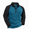 Men's thermal fleece pullover in black and blue color block design with side arm pocket - Lake Blue Patchwork Black