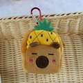Cute Capybara plush round purse with pineapple hat and red metal carabiner clip - 10cm / Pineapple Style