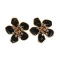 Elegant gold flower earrings with black petals and sparkling central diamonds on white base - Black