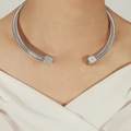 Silberne Schlangenkette im Klingen-Stil mit quadratischen Diamant-Enden für Damen - 37cm / Stahlfarbe