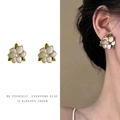 French vintage white flower clip-on earrings with green leaves and central pearl accent - Gardenia White Enamel Clip-on