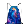 Detail of reinforced corner and thick drawstrings on the seahorse print backpack - Dreamy Seahorse Coral Style (jiayingskd41)