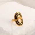 Adjustable golden hollow oval ring with black enamel lines on a white stone background - Adjustable Open / 18K Gold Plated Oval Black