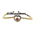 Bracciale intrecciato regolabile con cuore in zircone arcobaleno e perline d'oro - Corda Nera con Perline di Rame