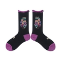 Detail of floral embroidery and purple curled edges on black crew socks for women - One Size / Bouquet (Black)