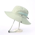 Detail view of light green waterproof sun hat with breathable mesh and chin strap - Matcha Green