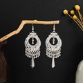 Silver vintage bohemian tribal earrings with delicate hollow discs and long metal tassels - Hollow Disc Pointed Cone Tassel Style (E6073-31)