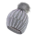 Detail of grey knitted beanie with colorful gradient rhinestones and faux fur pompom - Light Gray