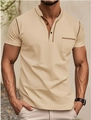 Beiges Herren Kurzarm Henley Poloshirt mit Kontrastnähten und Brusttasche - Khaki