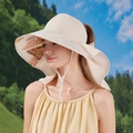 Beige wide-brim sun hat with tropical leaf lining and adjustable drawstring cord - Leaf Beige