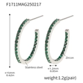 Silver stainless steel hoop earrings with green zircon stones, 15mm size display - Style B-15mm / Silver Color Green Zirconia