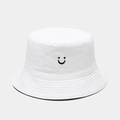 Bob blanc en coton arborant un motif de visage souriant brodé noir minimaliste - M (56-58cm) / Blanc/Noir Réversible