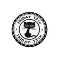 Round black cat enamel pin with Friday 13th text and green eyes on white background - Friday 13th Black Cat Style (QHXZ2495)