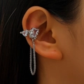 Silver cuff earring with pear and rectangular zircon stones and a delicate chain tassel - White Gold (8334)
